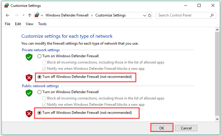 turn off the Windows Defender Firewall in private and public