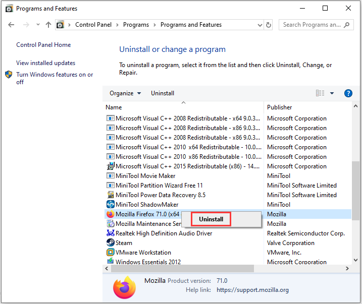 click Uninstall