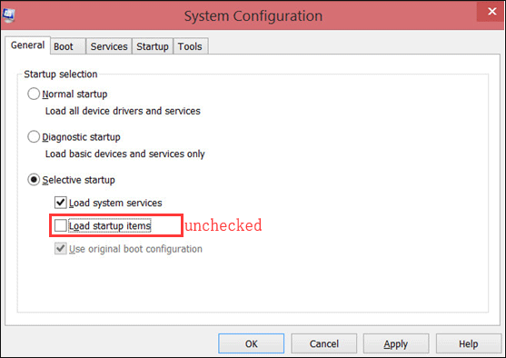 just uncheck Load startup items under Selective startup