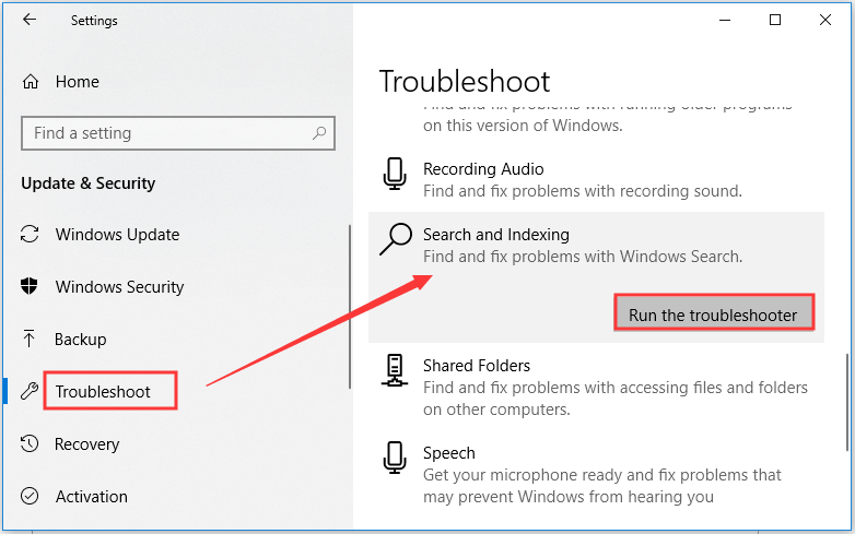 run Search and Indexing troubleshooter