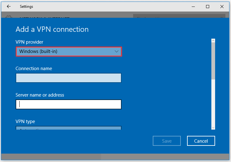 add the VPN provider and type its name and address