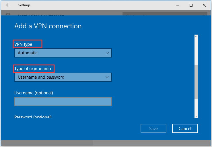 select the VPN type and sign-in method
