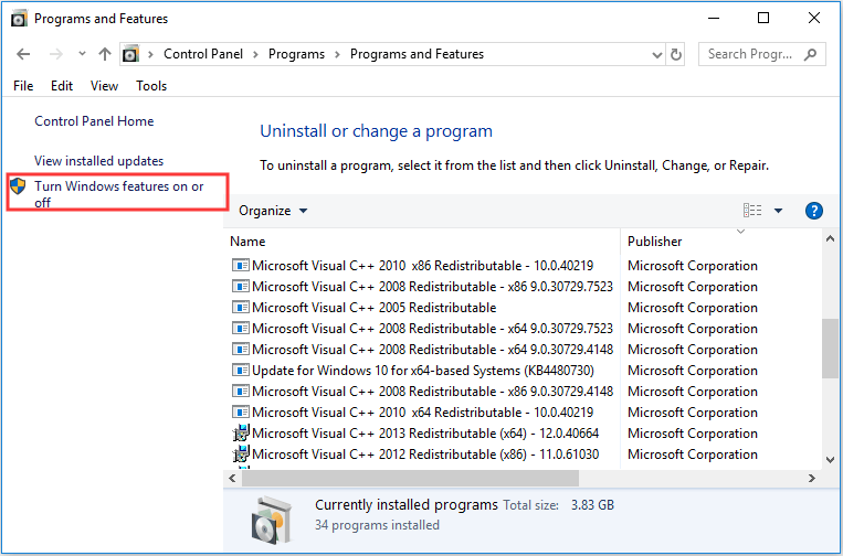 click Turn Windows features on or off