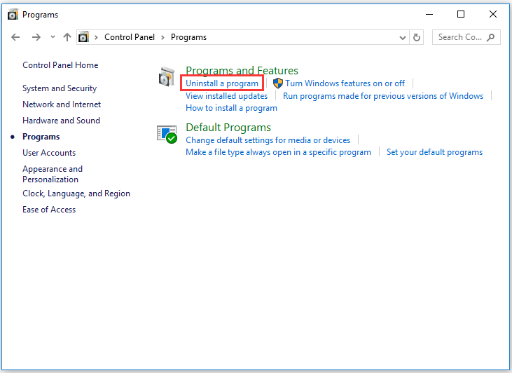 click Uninstall a program