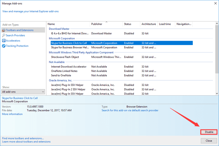 disable add-ons of Internet Explorer