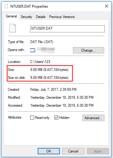 check the size of the NTUSER.DAT file