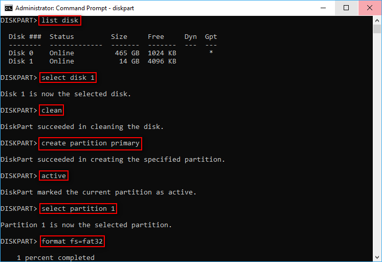 the process of formatting USB drive to FAT32 with diskpart