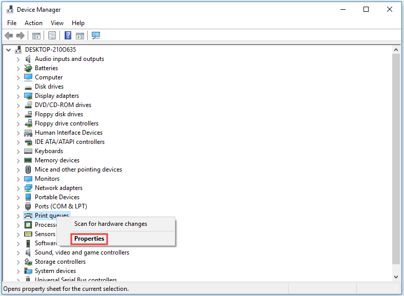 open the properties of the print queues