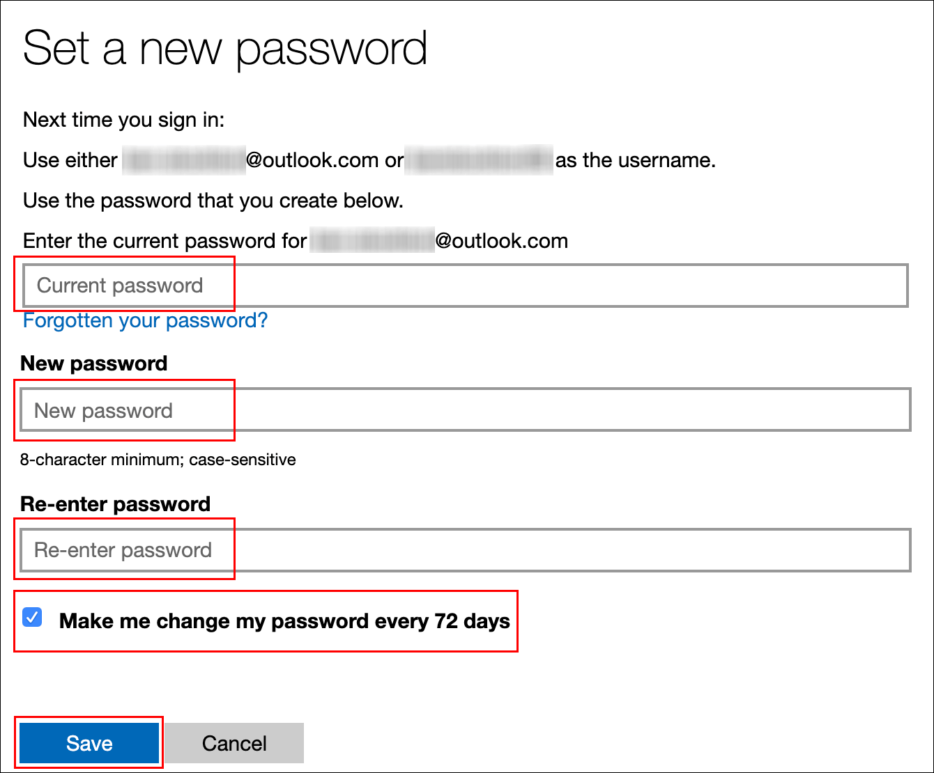enter existing and new passwords