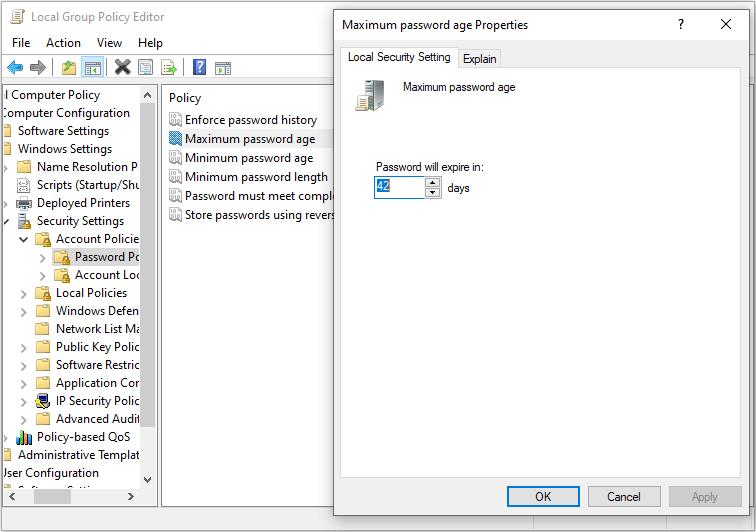 set the maximum password age via Local Group Policy Editor