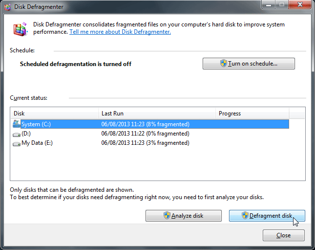 disk defragment in Windows 7