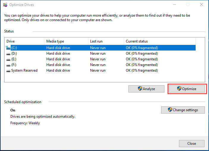 disk defragment in Windows 10