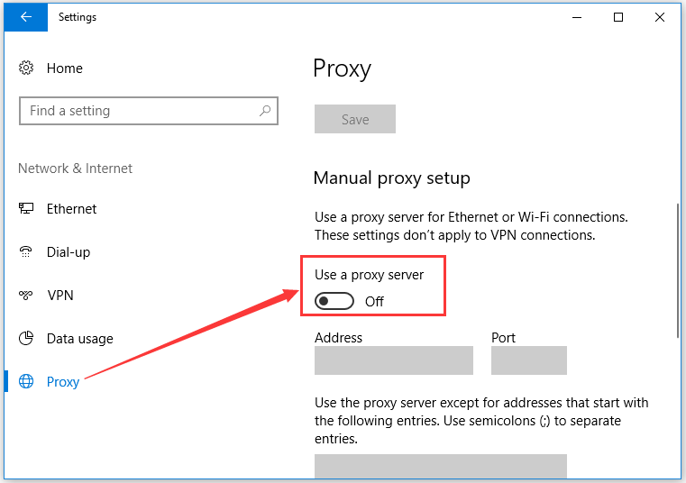turn off Use a proxy server