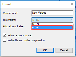 select the exFAT or FAT32 file system and click OK