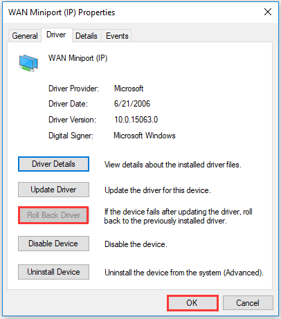 click the Roll Back Driver
