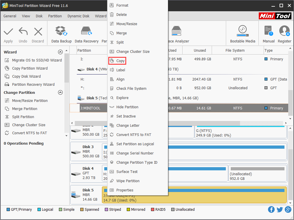 clone a partition in MiniTool Partition Wizard