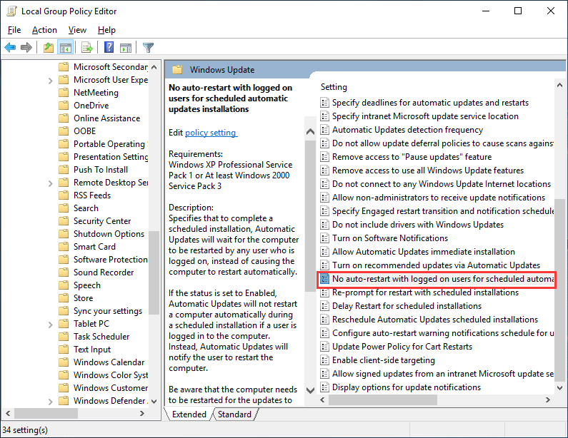 locate No auto restart with logged on users for scheduled automatic updates installations