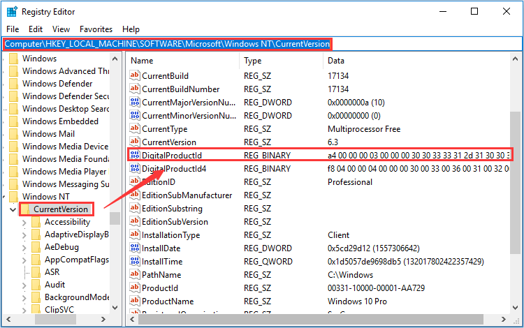 find Windows 10 product key in registry