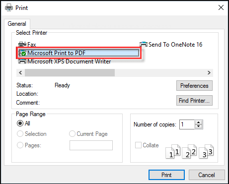 find Microsoft Print to PDF on your PC