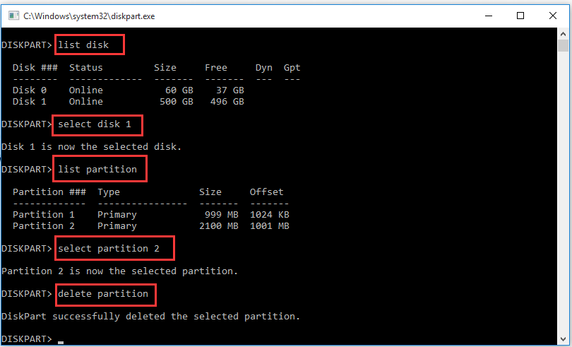 delete the partition using diskpart
