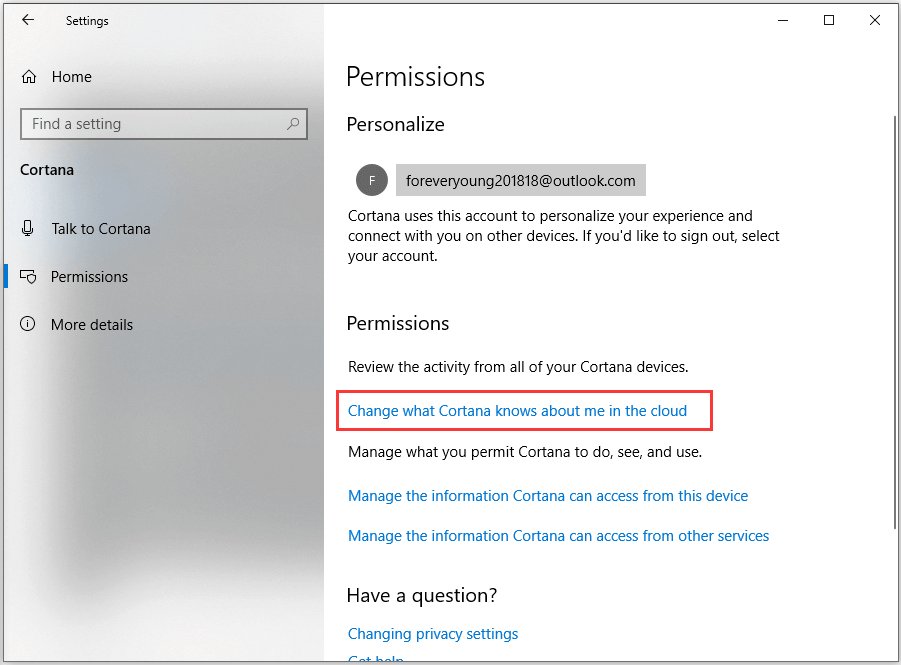 change Cortana permissions