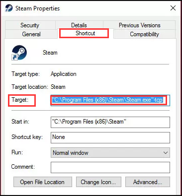 add tcp to the end of the Target dialog box