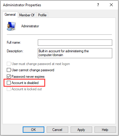 uncheck Account is disabled
