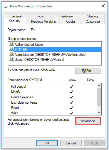 click on Advanced button