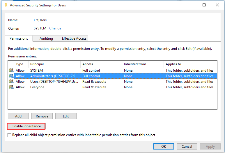 click on the Enable inheritance