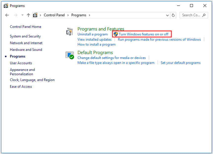 click Turn Windows features on and off