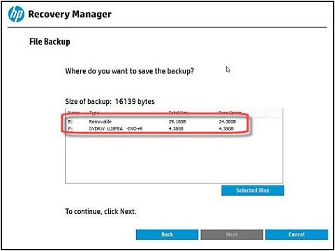 choose a location to save the backup files