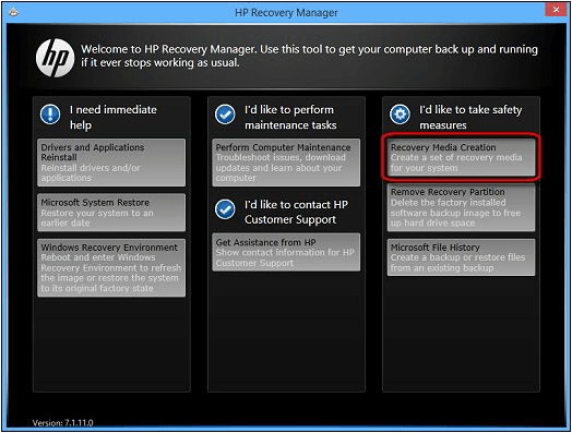 choose recovery media creation in the main menu
