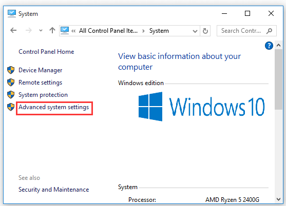 click on Advanced system settings