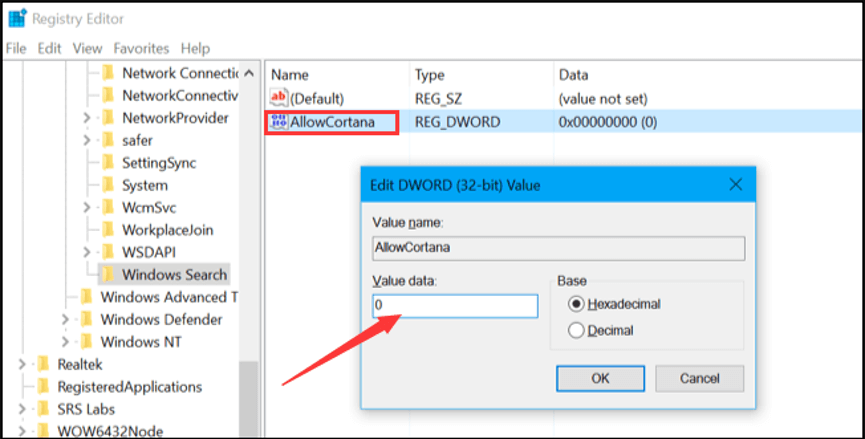 disable Cortana in Registry Editor