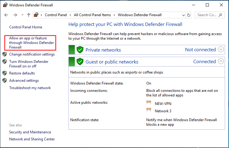 choose Allow an app or feature through Windows Firewall