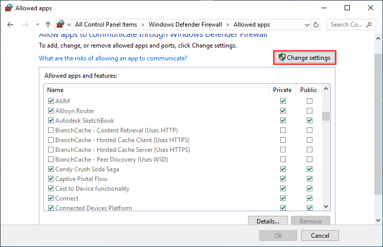 click Change settings button