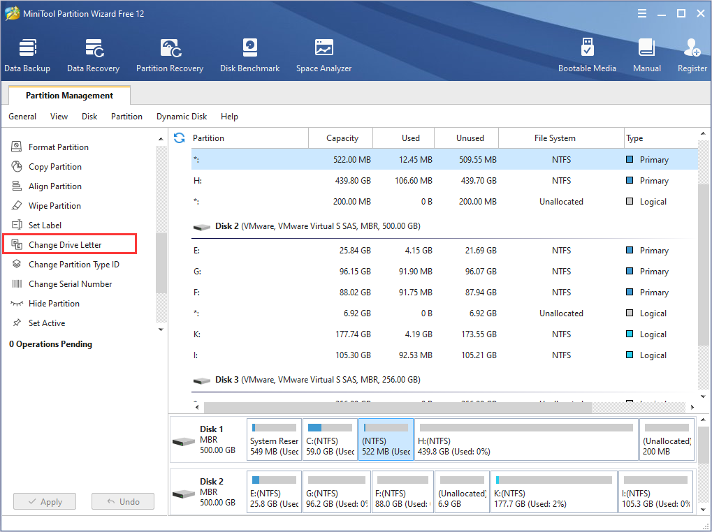 choose Change Drive Letter in MiniTool Partition Wizard
