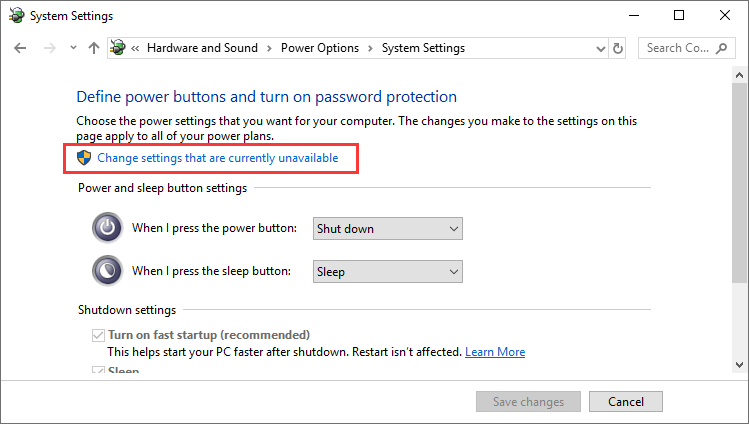 choose Change settings that are currently unavailable