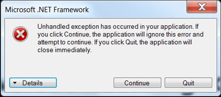 unhandled exception error message