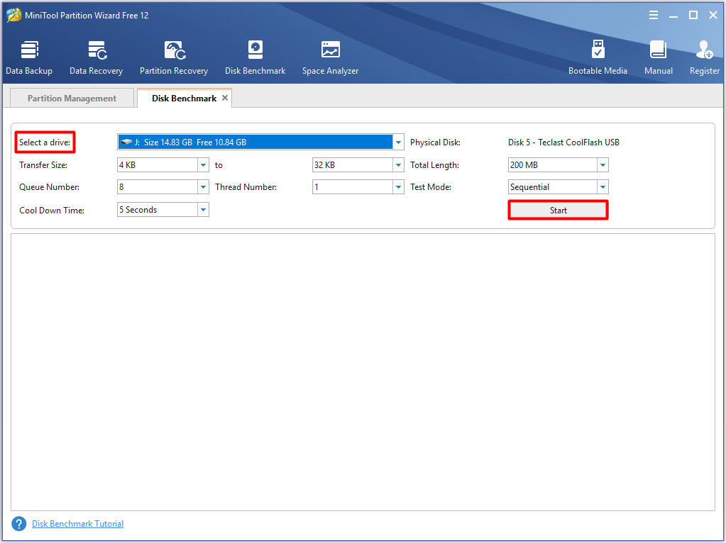 set parameters on the disk benchmark page and click start button