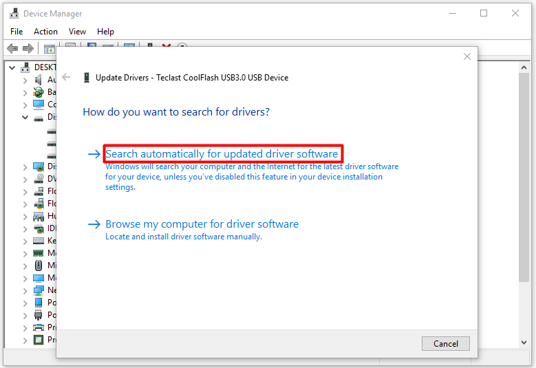 choose the Search automatically for updated driver software option