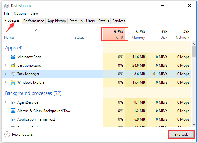 end the tasks of a program with high CPU percentage