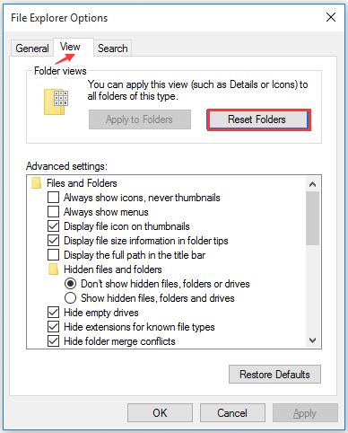 click on the Reset Folders button