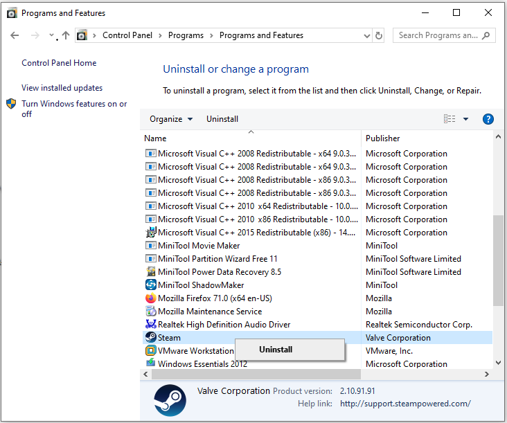 click Uninstall