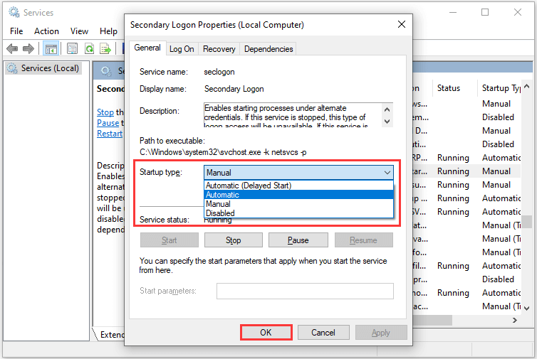 change Secondary Logon properties