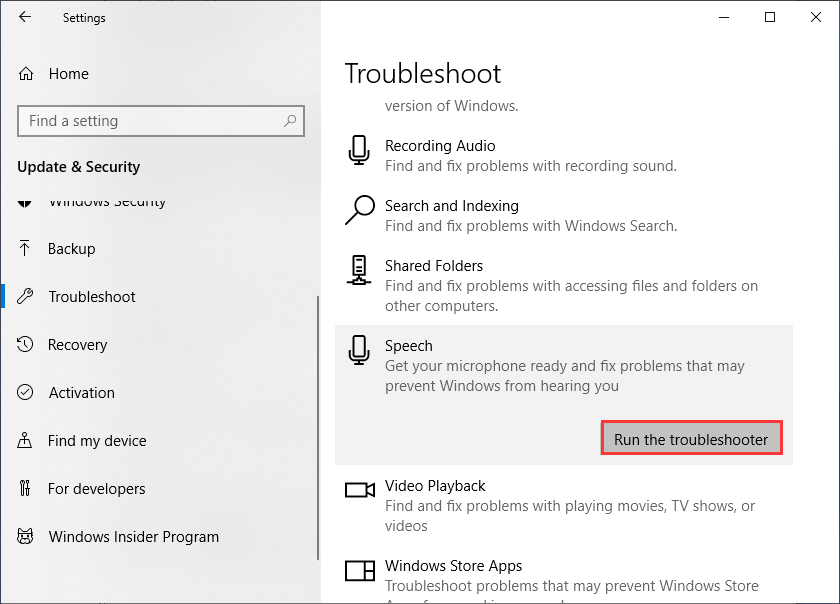 run the Speech troubleshooter
