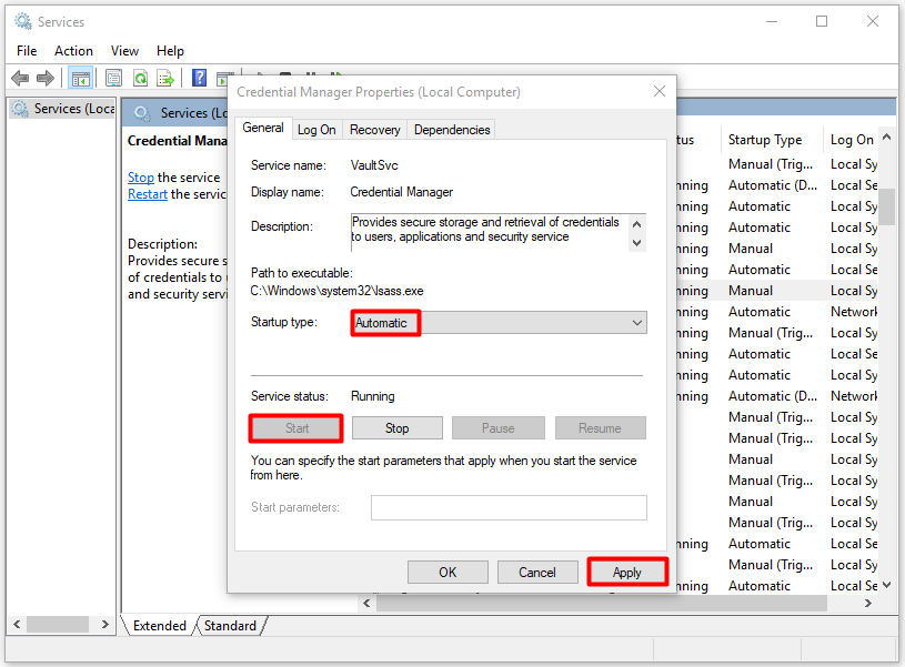 set the startup type and service status and then apply