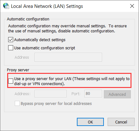 uncheck the box next to Use a proxy server for your LAN