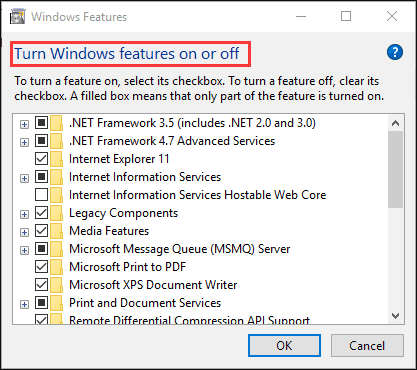 Turn Windows features on or off 