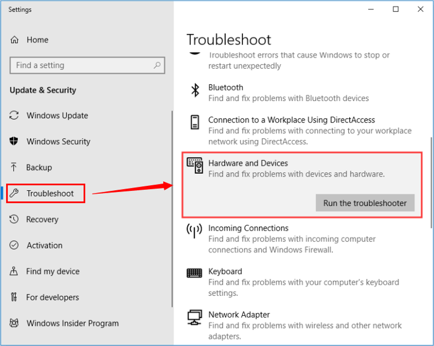 run hardware and devices troubleshooter